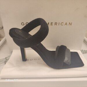 NIB Good American Square Toe Terry Slip-On Mule Heeled Sandals in Black